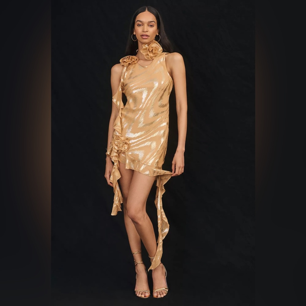 Small Delfi Collective Asymmetrical Ruffle Silk Dress in Light Sand